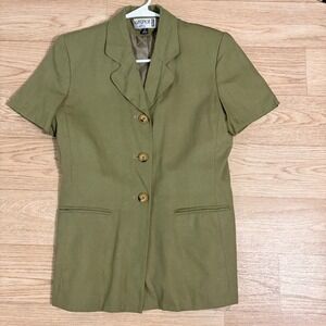 Kasper ASL Short Sleeve Blazer Womens 4 Olive Green Solid  Linen Blend Jacket